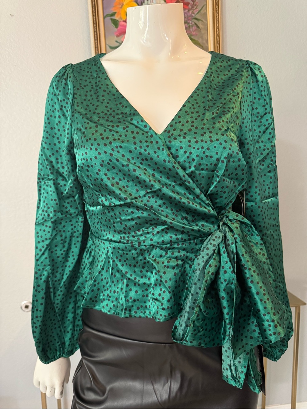 meraki Emerald Green Polka Dot Wrap Blouse with Side Tie